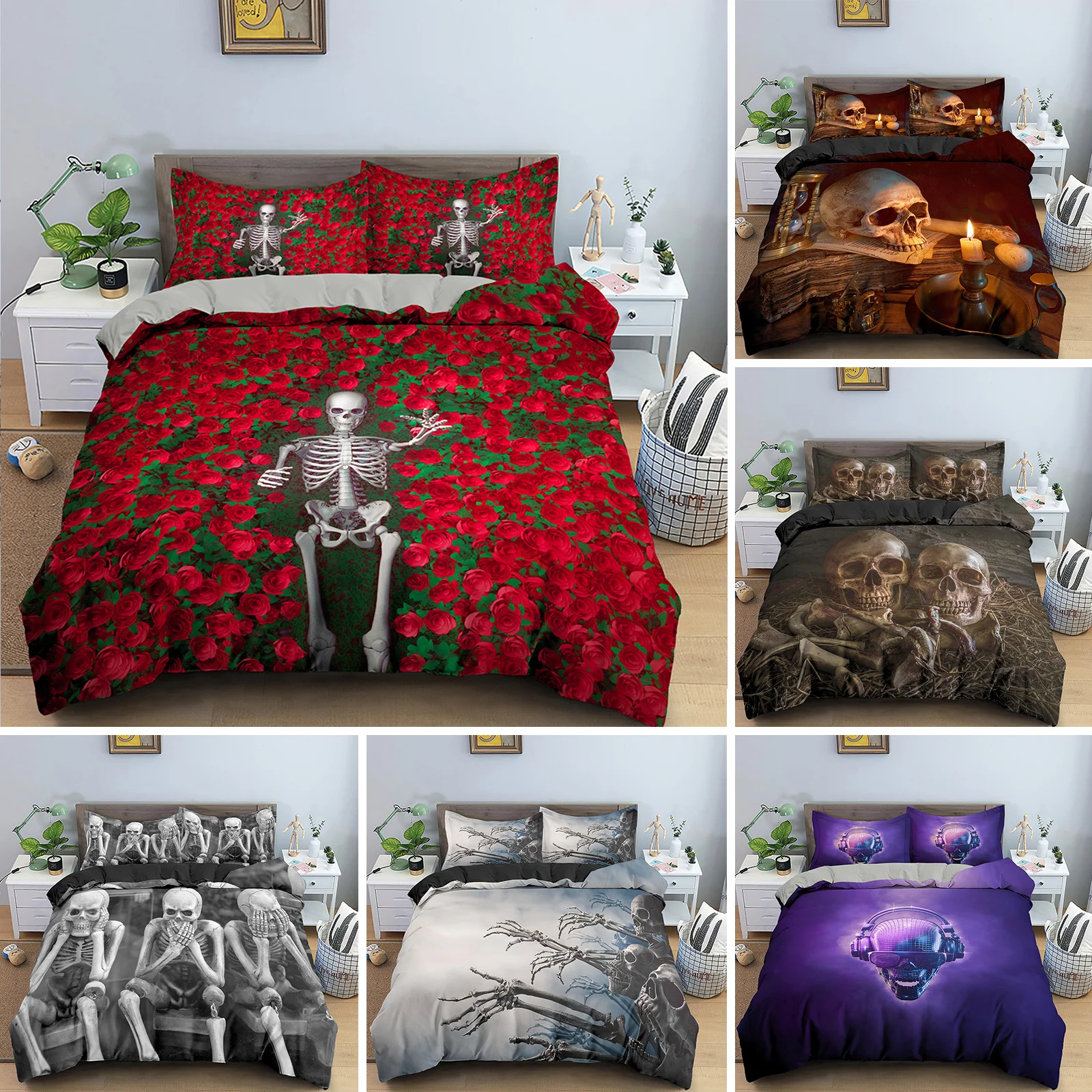 

3D Skull Rose Duvet Cover 220x240 Skeleton Bedding Set Luxury Quilt Cover With Zipper Closure 2/3pcs Queen Size Comforter Sets
