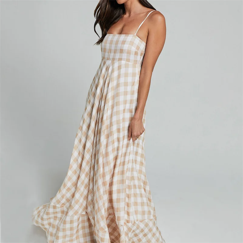 Summer Long Dresses Women Plaid Print Spaghetti Strap Sleeveless A Line Dresss Vacation Party Dresses Beachwear