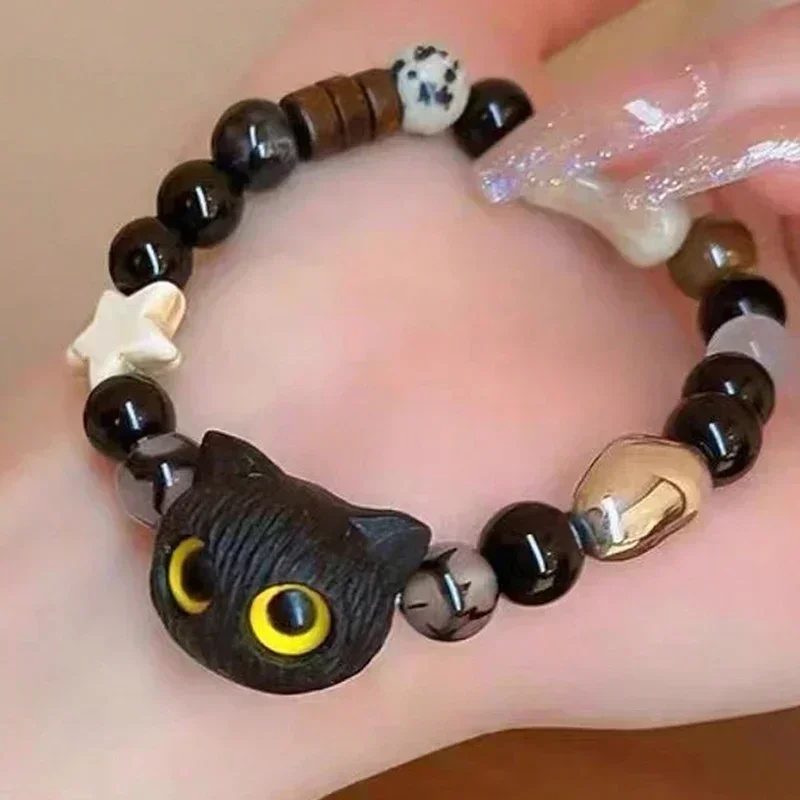 Cute Natural Stone Black Cat Bracelet for Women Men Fashion Cartoon Animal Beaded Bracelets Handmade Fashion Girl Jewelry Gifts bracelet jewelry