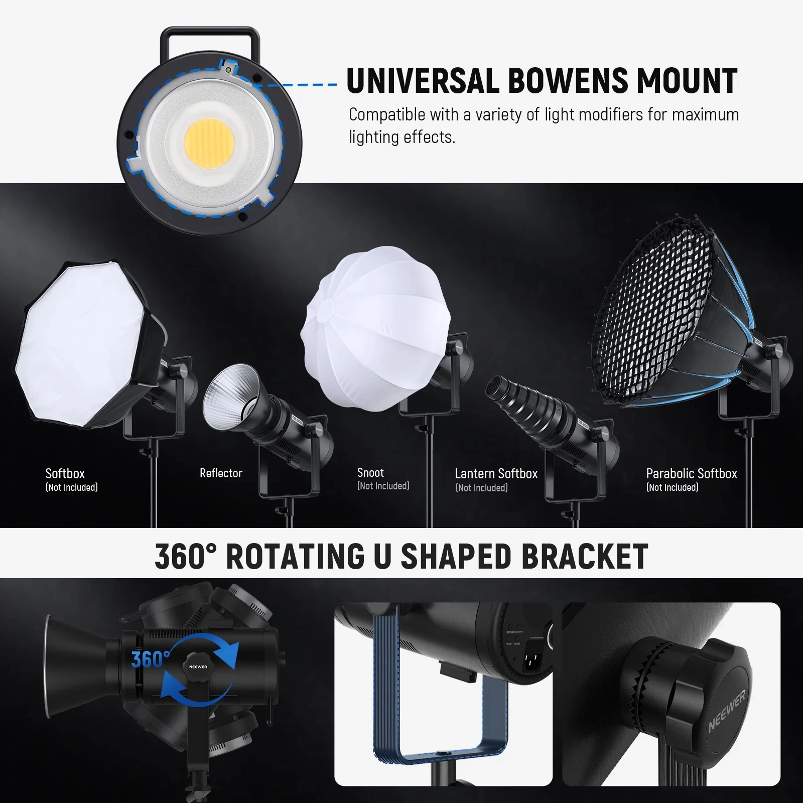 NEEWER CB200B 이중 색상 LED 비디오 조명, 2700K-6500K 2.4G 앱 리모컨 COB LED 조명, 비디오 레코드 보웬스 마운트 포함, 210W