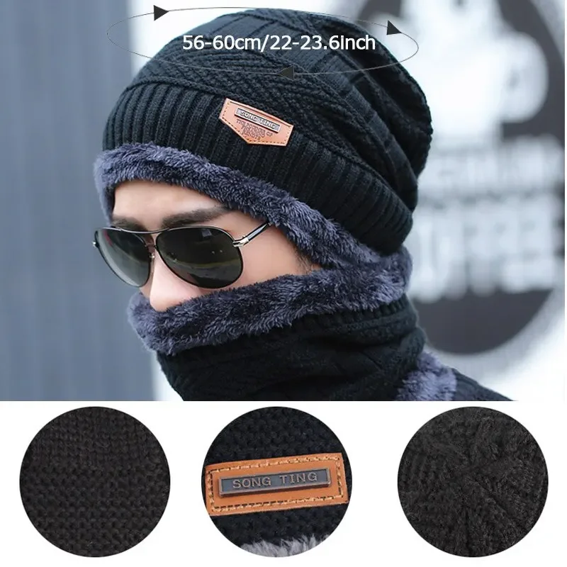 Winter Fleece Scarf Hat Set Thicken Plush Warm Beanie Wool Knit Cap Neck Mask for Men Women Outdoor Cycling Ski Hiking