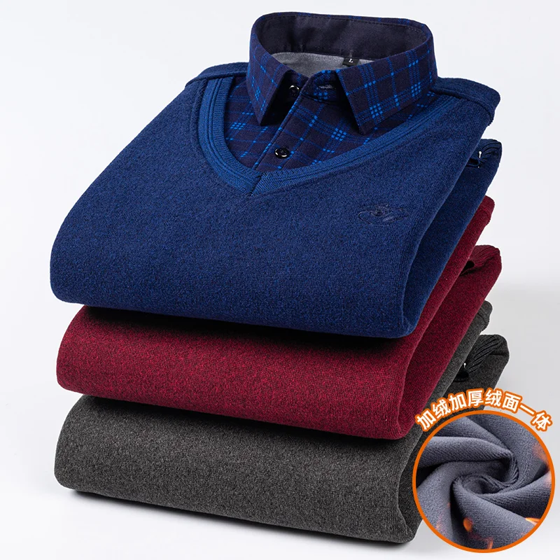 camisas de hombre imitation two piece set men clothing designer clothes long sleeve fleece thickened warm sweater men clothing 5