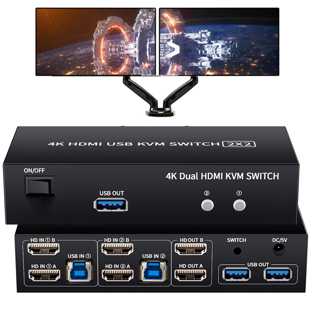 Dual Monitor HDMI KVM Switch 2X2 USB 3.0/2.0 4K 60Hz