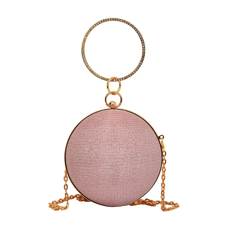Gold Bright Silk Circular Evening Bag Women Banquet Clutch Rhinestone Decor Chain Shoulder Bags Luxury Female Party 만찬 가방