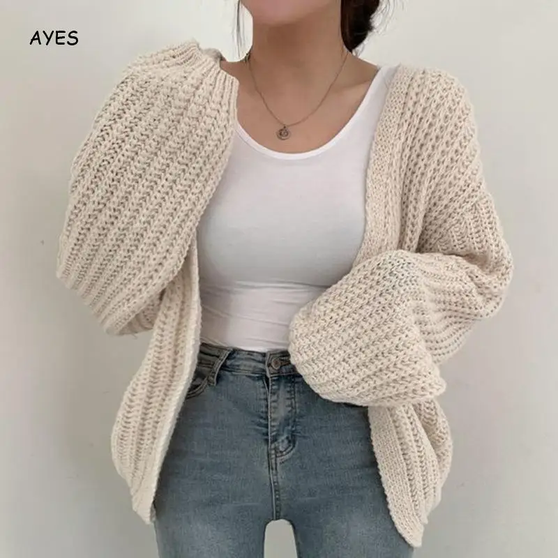 

White Knitted Cardigan Women'S Sweater Autumn Winer Round Neck Cashmere Sweater Coat Korean Lantern Sleeve Soft Slim Fit Jacket