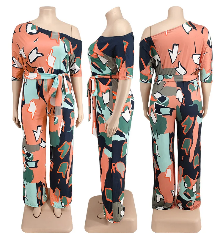 Plus Size Summer Woman Jumpsuits Belt Print One Piece Outfit Fashion One Shoulder Club Jumpsuits 2022 Lady Loose Pants Wholesale