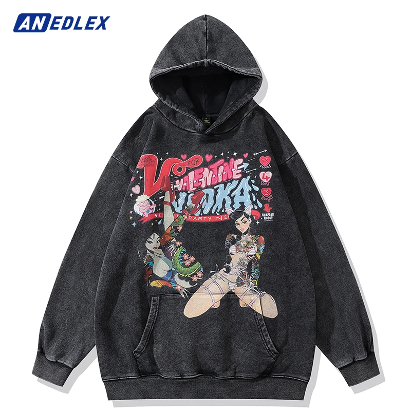 

Модель 2023 года, Свитшот оверсайз с капюшоном, мультяшный графический пуловер с капюшоном для девушек, хлопковая винтажная Черная Толстовка в стиле Харадзюку