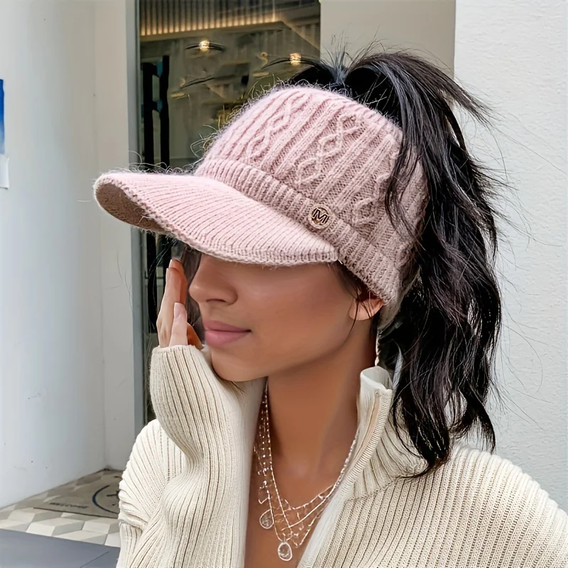 1PC Thick Lined Comfortable Knitted Sun Hat, Suitable for Women - Ear Protection, Autumn and Winter Elastic Baseball Cap
