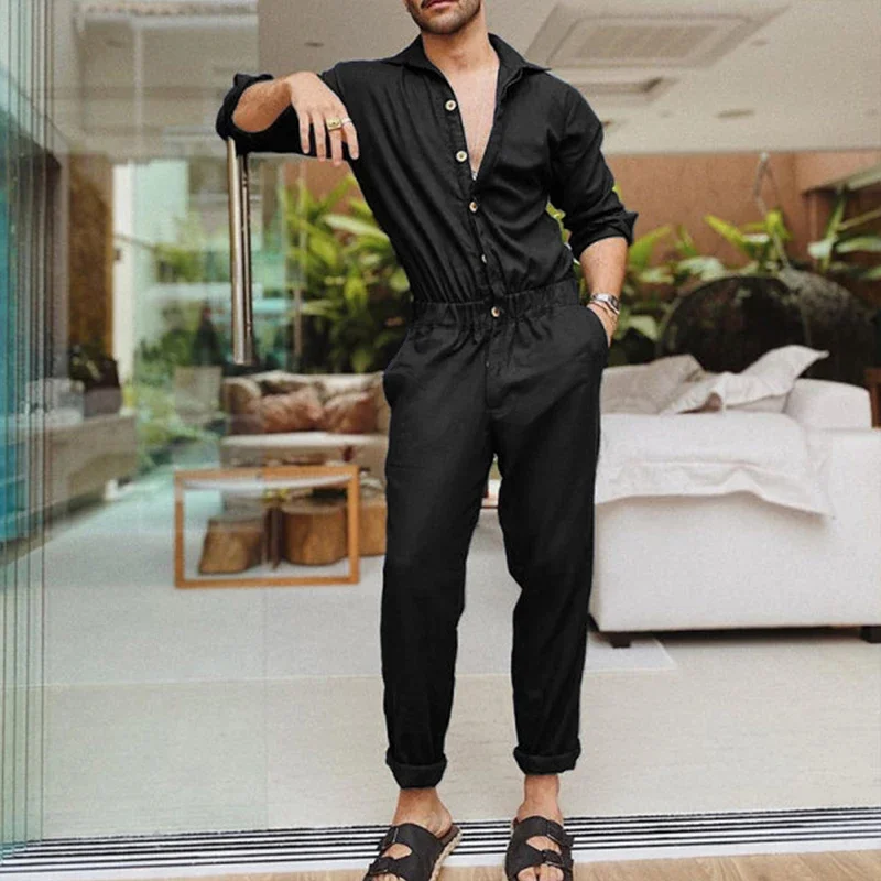 Description Picture 4 of item2023 Men Solid Color Jumpsuit Playsuit  Buttons Casual Cargo Clothes Overalls Turn Down Collar Long Sleeve Oversized Waist Pants