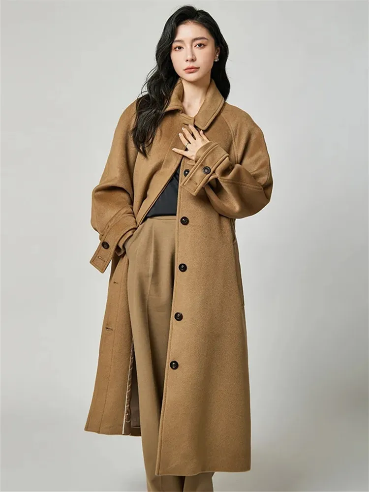 

Camel Single Breasted Woolen Coat for Women's Clothing Autumn Winter Solid Color Lapel Lace-up Medium Long Windbreaker ZM248