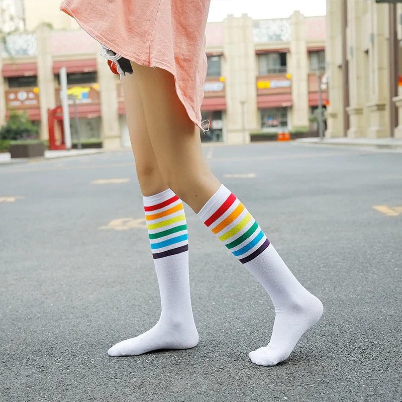Women Rainbow Knee Cotton Socks Korea Long Thigh Striped Stockings Long  Striped Socks Sexy Students Over Knee High Socks Medias