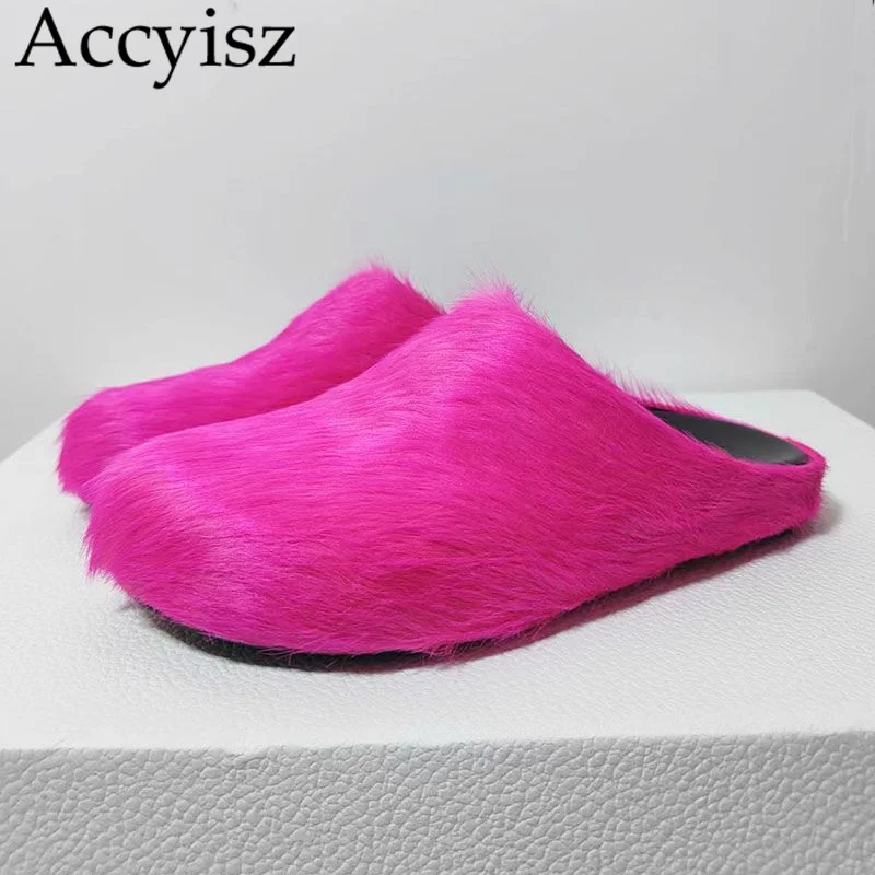

2023 Spring and Autumn New Women's Solid Round Toe Closed Toe Horse Hair Slippers Fashion Outwear Comfortable Lazy Flat Shoes