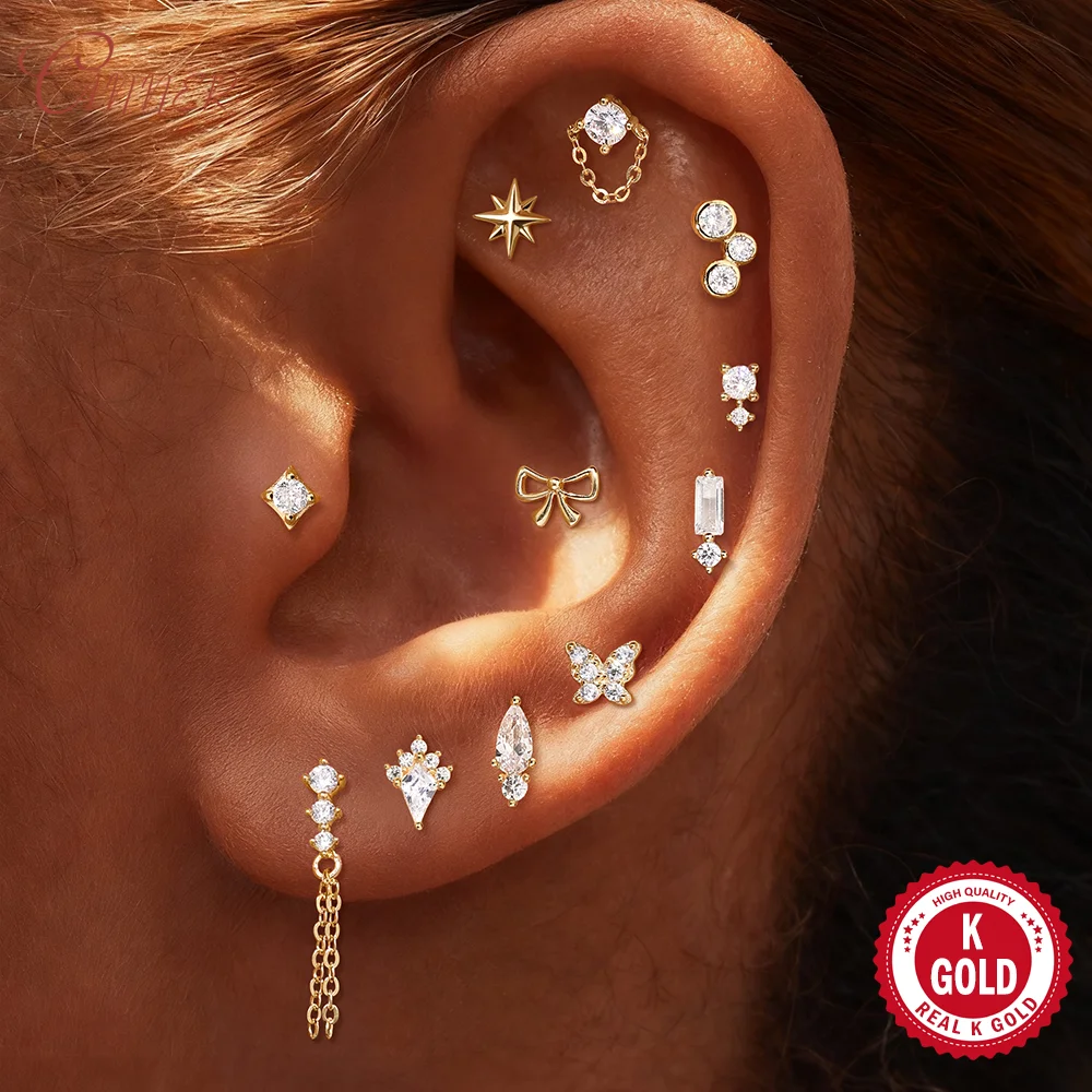 CANNER 14K 솔리드 골드 기하학적 광택 리본/별 모양 피어싱 귀걸이 여성..