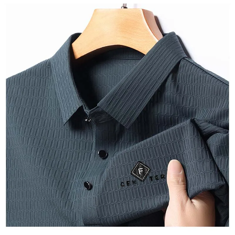 남성용 럭셔리 여름 비즈니스 반팔, 하이 엔드 핫 스탬핑 디자인, 고품질 심리스 라펠 폴로 셔츠, 와플 캐주얼 탑 