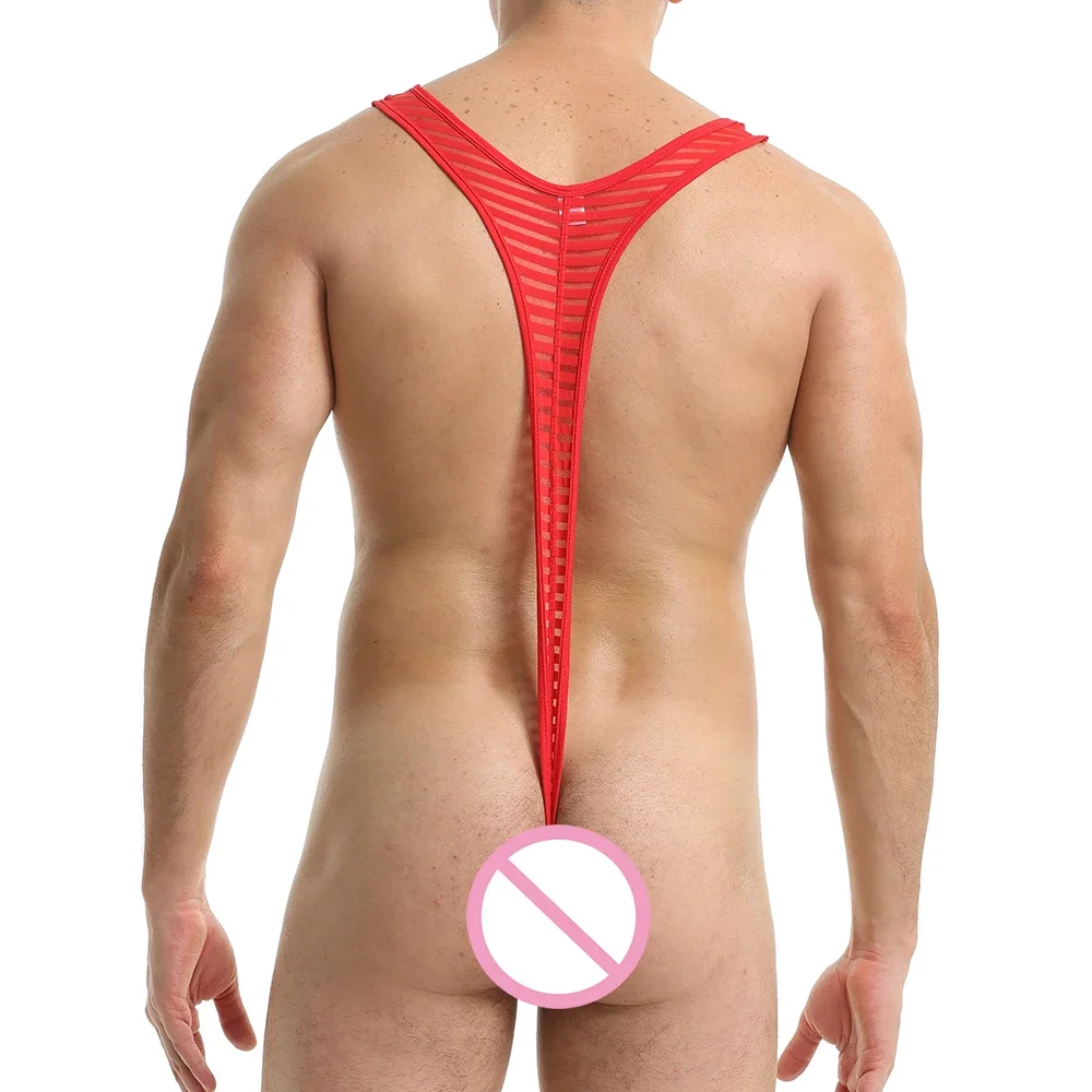 Men Undershirts Lingerie Ultra-thin Transparent Striped Bodysuit Leotard Wrestling Singlet Jumpsuits Sheer Gay Underwear