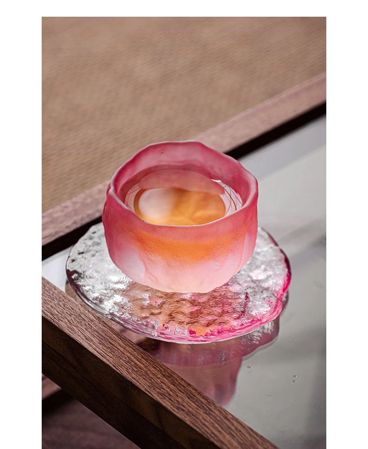 Description Picture 6 of itemJapanese Pink Teacup for Women Crystal Sake Cup Colored Glaze Small Kungfu Flower Tea Cup Coaster Color Enamel Sakura Cup