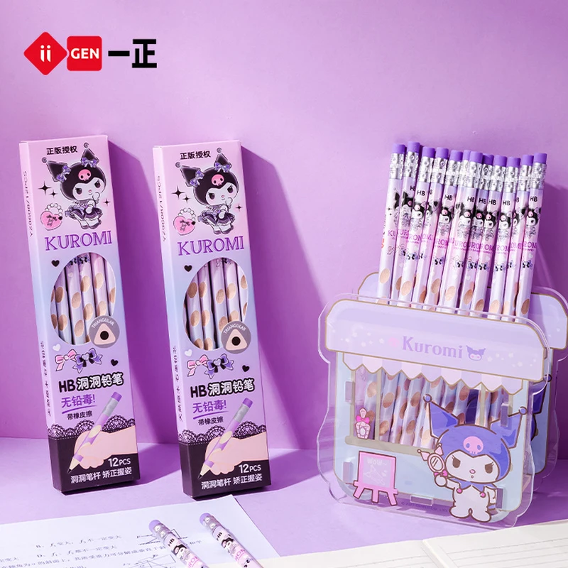 

Iigen Cartoon Kuromi Sanrio Pencil For Children To Correct Their Grip And Practice Writing Hb Bold Hole Pencil With Eraser.