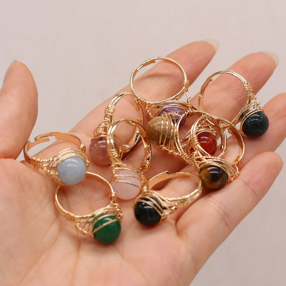 Natural Gems Stone Fashion Wire Wrapped Rings Reiki Healing Amethyst Agate Jade Tiger Eye Stone Resizable Ring Wedding Jewelry - 5