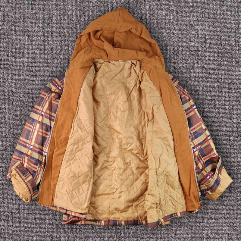 Fall Winter Men's Cotton Plaid Shirts Fashion Workwear Men Fleece Lined Flannel Shirt Thick Sherpa Button Down Jackets With Hood