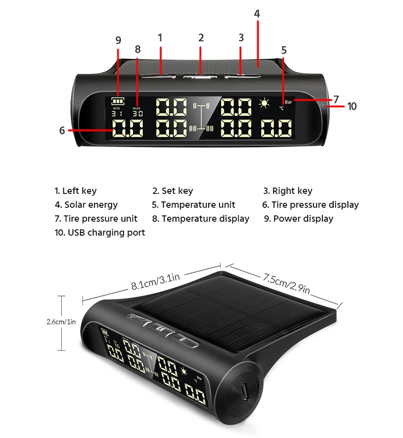 Car Tire Pressure Monitor Car Tire Pressure Sensor Solar TPMS 6 External Sensors Tire Pressure And Temperature Display Security Alarm Support Cars RVs Pickups Maximum 8Bar