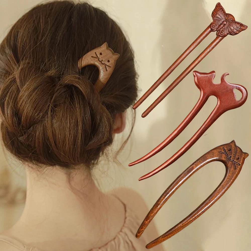 French Pins Mit Katzendesign – 2 Stück, Handgefertigt Aus Holz, Für Volle Haare