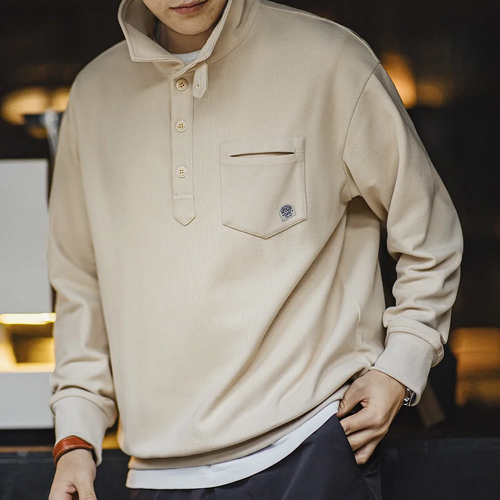Maden Men Half-Placket Sweatshirt American Retro Casual Polo Collar Lapel Pullover Spring Autumn sweatshirt jacket