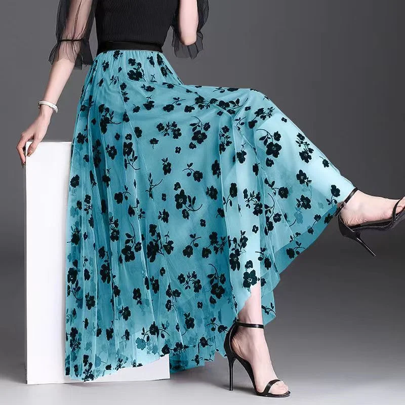 High Elastic Waist Sweet Mesh Print Pleated Skirt Casual Elegant All-Match Women's Skirt Summer Trend Office Lady's A-Line Skirt