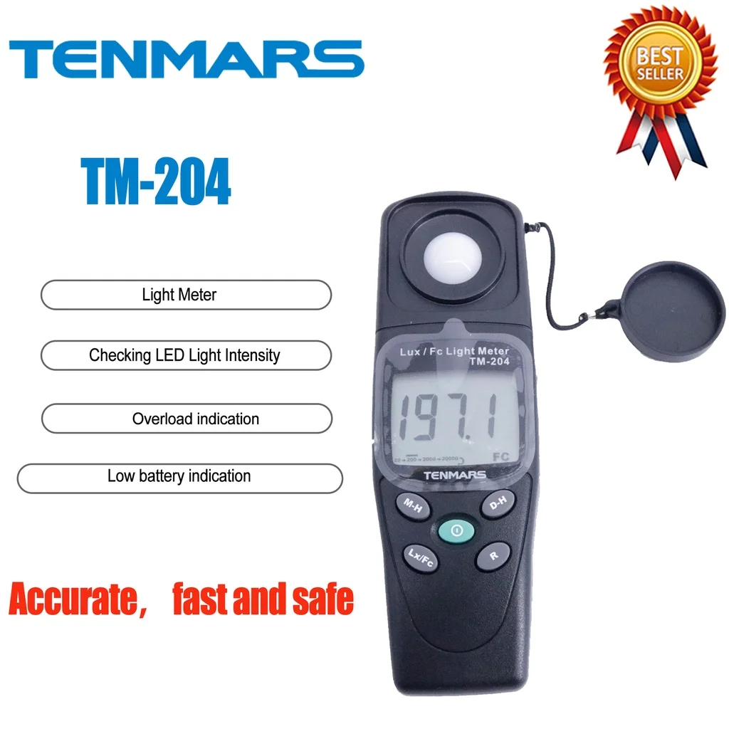 TENMARS TM-204 Light Meter 3 digits LCD With Maximum Reading 2000.Spectral Response Close to CIE Luminous Spectral Efficiency.
