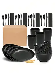 28pcs Black plastic dishes, cups, knives, forks, spoons, tableware portable set dishwasher safe plate for kitchen camping