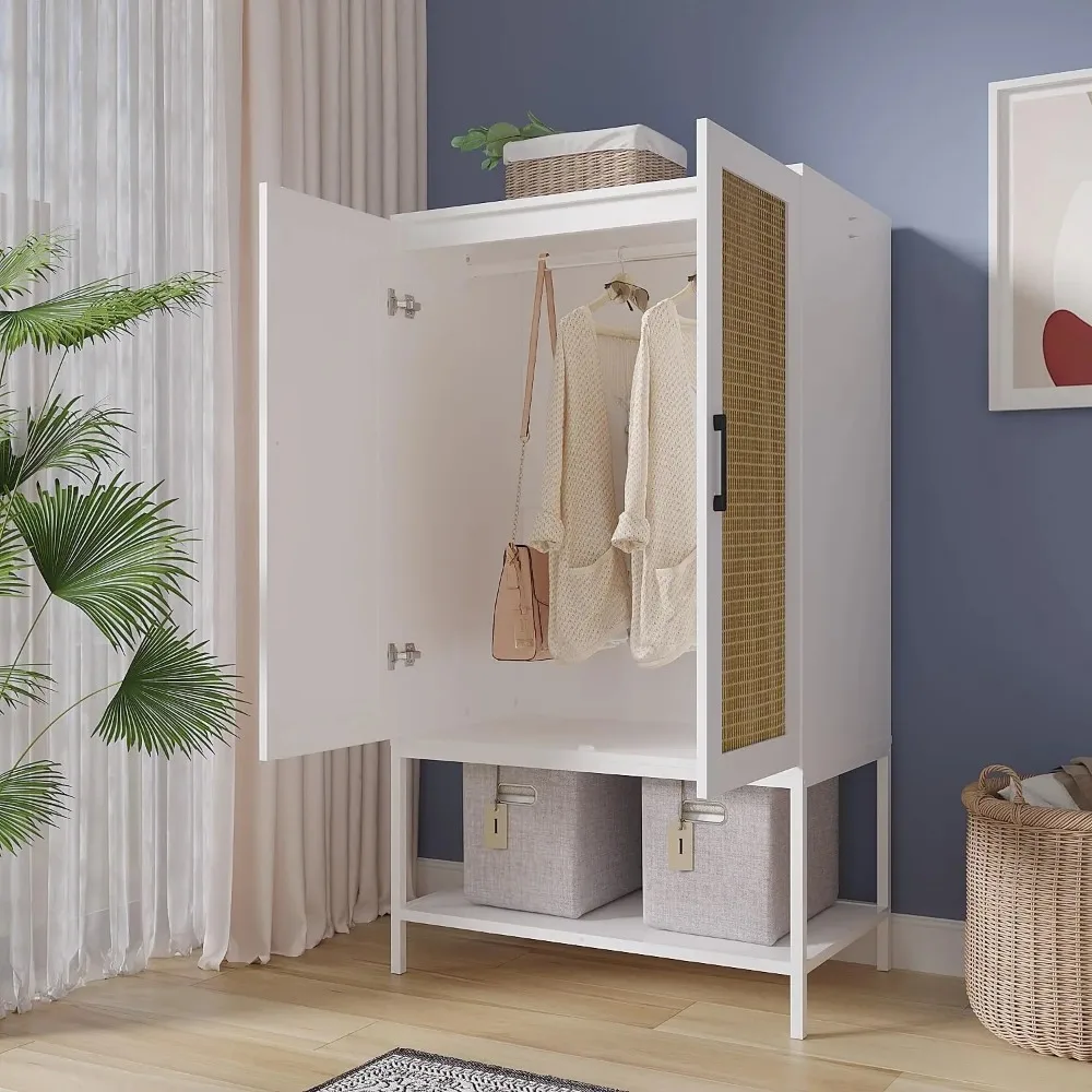 Wardrobe, Wardrobe Closet with 2 Doors, Rattan Bedroom Armoires with Hanging Rod Freestanding Wooden Wardrobe Cabinet With 6