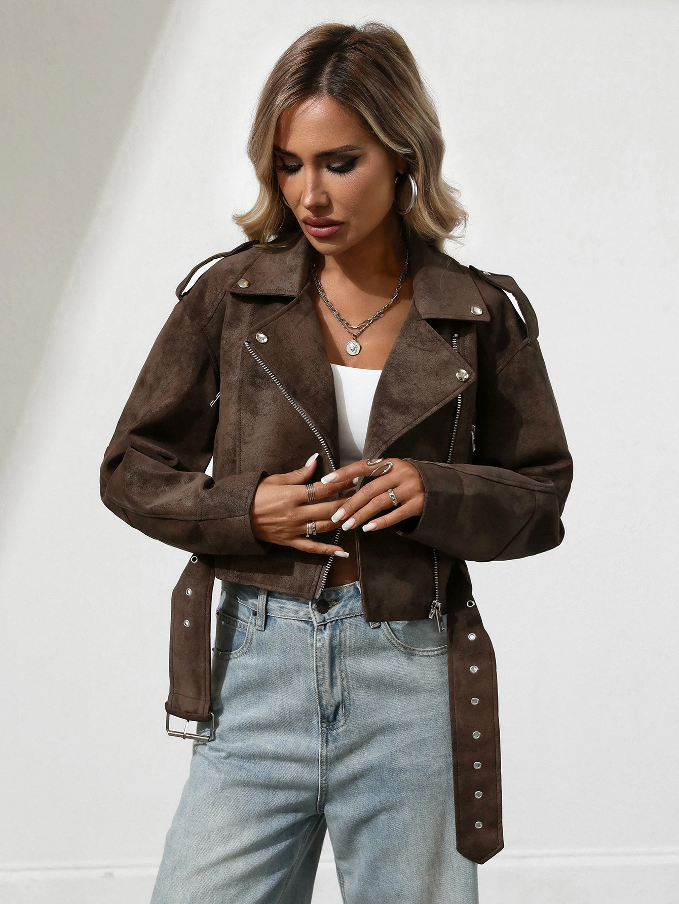 YMING Veste Courte Simili Cuir Femme - Manteau Automne Hiver Mode Motocycliste Slim Décontracté