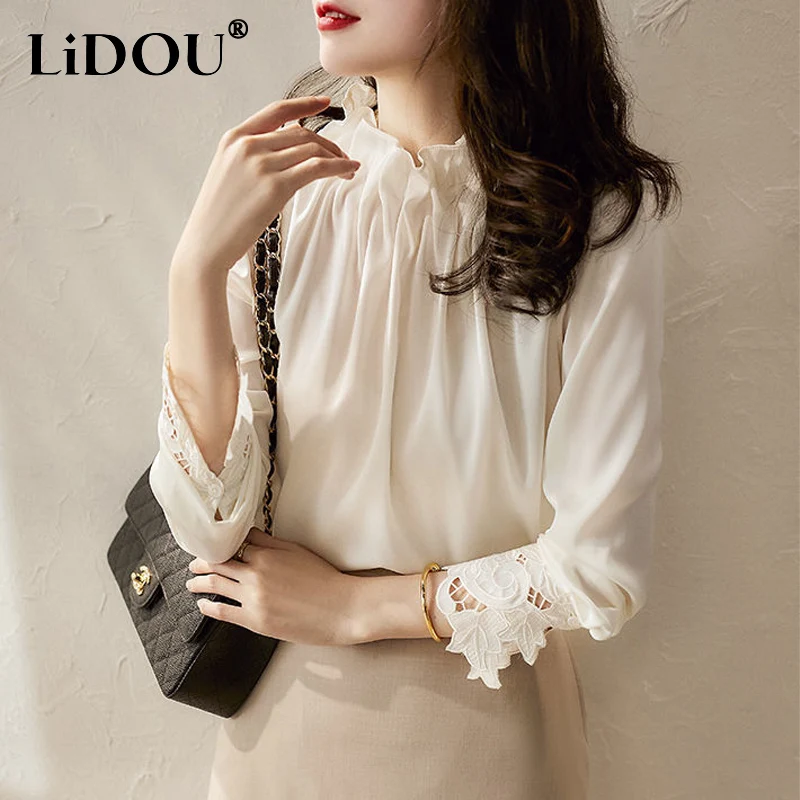 

2023 Spring Autumn Solid Color Stand Collar Shirt Women High Street Fashion Vintage Elegant Hollow Out Pleated All-match Blouse