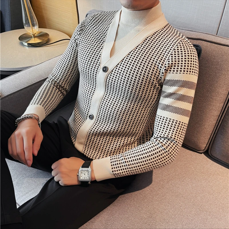 Brand Clothing Men's Print Fashion Pullover/Male Slim Fit High Quality Turtleneck Knit Sweater/Man Printed Knit Shirt 4XL-M