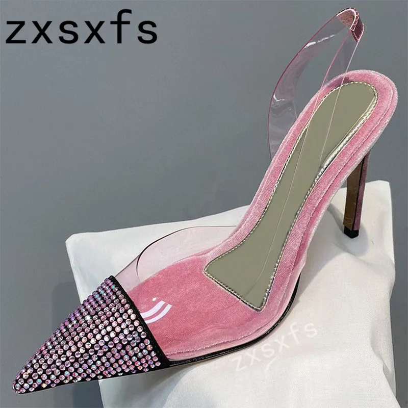 

High Quality Summer New PVC Crystal Thin High Heels Sandals Women Slip On Pointed Toe Pumps Brand Sexy Party Dress Shoes Mujer
