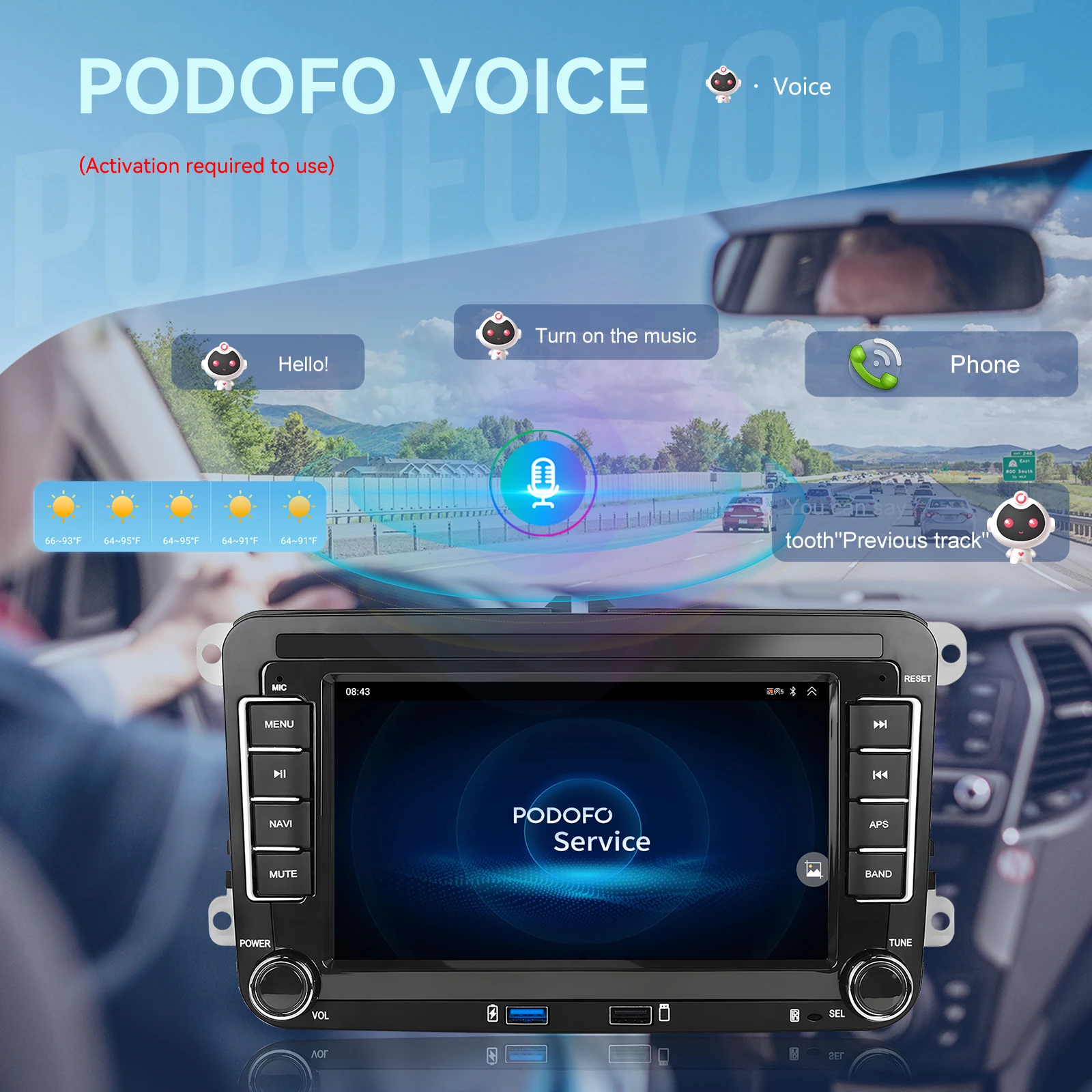 Podofo 4+64G 7'' Autoradio für VW/PASSAT/TOURAN/GOLF Multimedia-Player 8-Kern Qualcomm Carplay Android Auto DSP RDS BT Auto-Audio – Detail 7