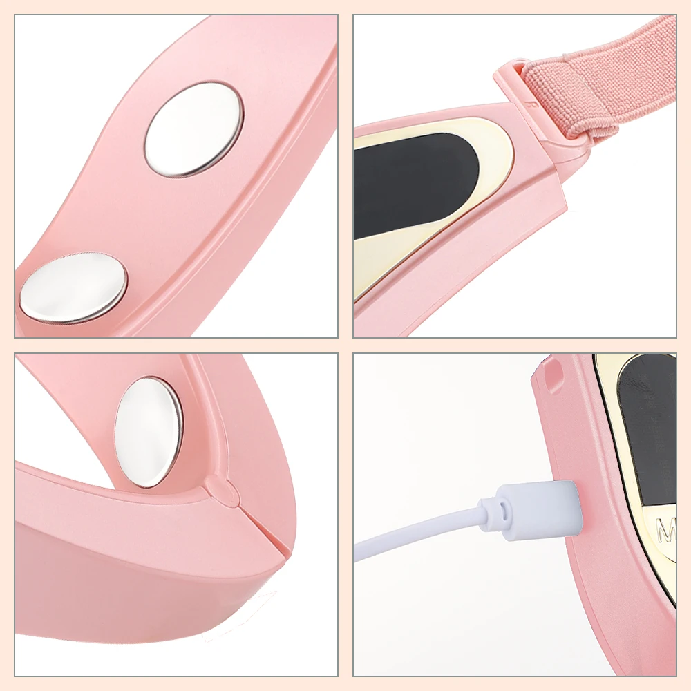 Collage of close-up details of a pink heated facial massager, highlighting the button, screen, wrist strap, and charging port.
