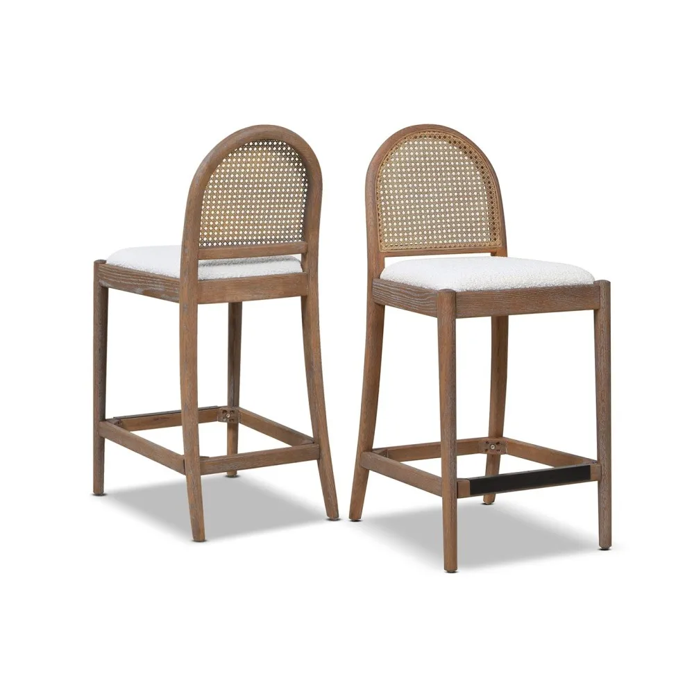 Panama 26.5" Curved Back Cane Rattan Counter Stool, Set of 2, Ivory White Boucle 2
