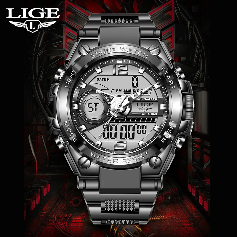 

LIGE NEW Men Sports Watches Big Dial Sport Watches For Men Luxury Brand LED Digital Military 50M Waterproof Wrist Watches 2024