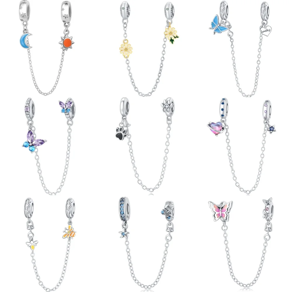 

925 Sterling Silver Butterfly Star Series Safety Chain Charm Beads Fit Original Pandora Bracelet DIY Women Jewelry Accessory
