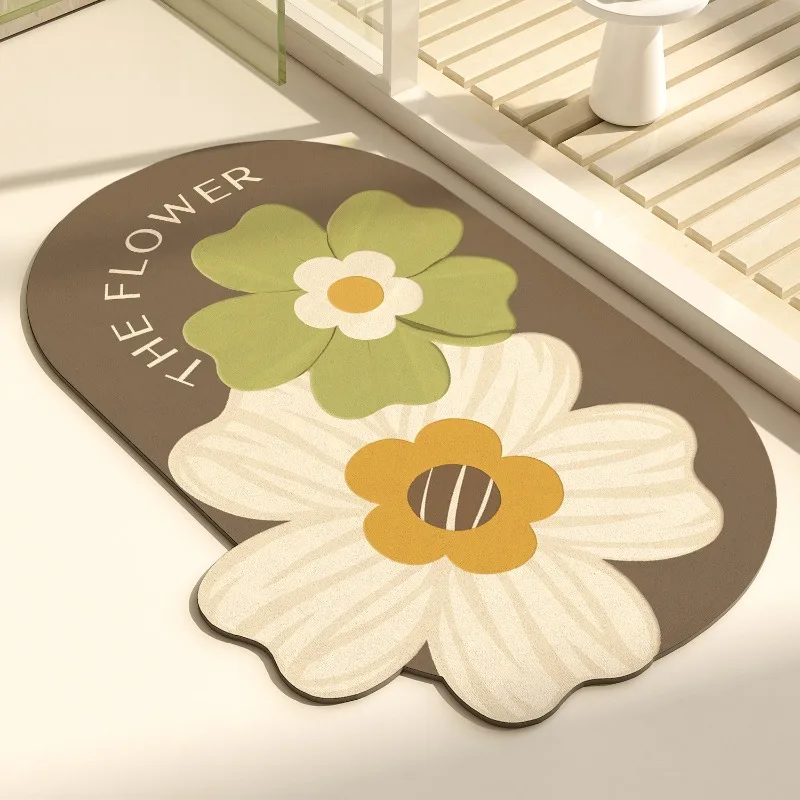 Diatom Mud Absorbent Bathroom Doormat Irregular Flower Pattern PVC Floor Mat Creative Art Bathroom Door Carpet Non-slip Foot Mat 2