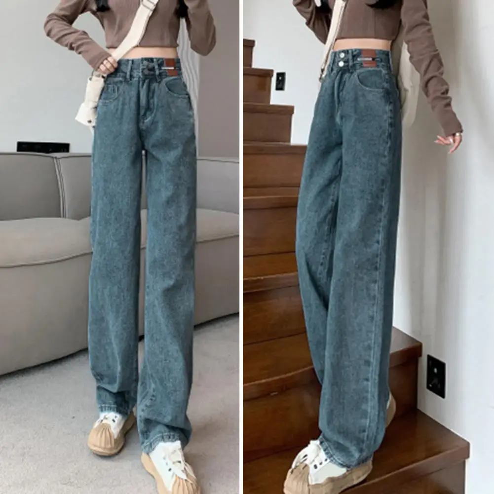 

Women Wide-leg Jeans High Waist Wide Leg Women's Jeans with Deep Crotch Soft Colorfast Fabric Loose Button Closure Straight Full