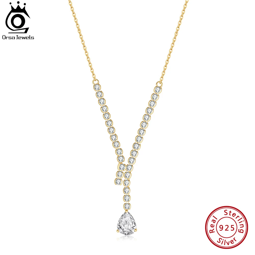 

ORSA JEWELS Brilliant Y Shape Pendant Necklaces for Women 925 Sterling Silver Cubic Zirconia Tennis Neck Chain Jewelry SN347