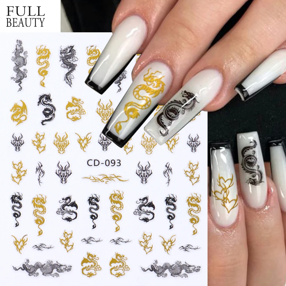 3D Gold Black Dragon Stickers Design Flying Dragons Flower Nail Sliders Chinese Style Nails Art Decoration New Year Manicure 1