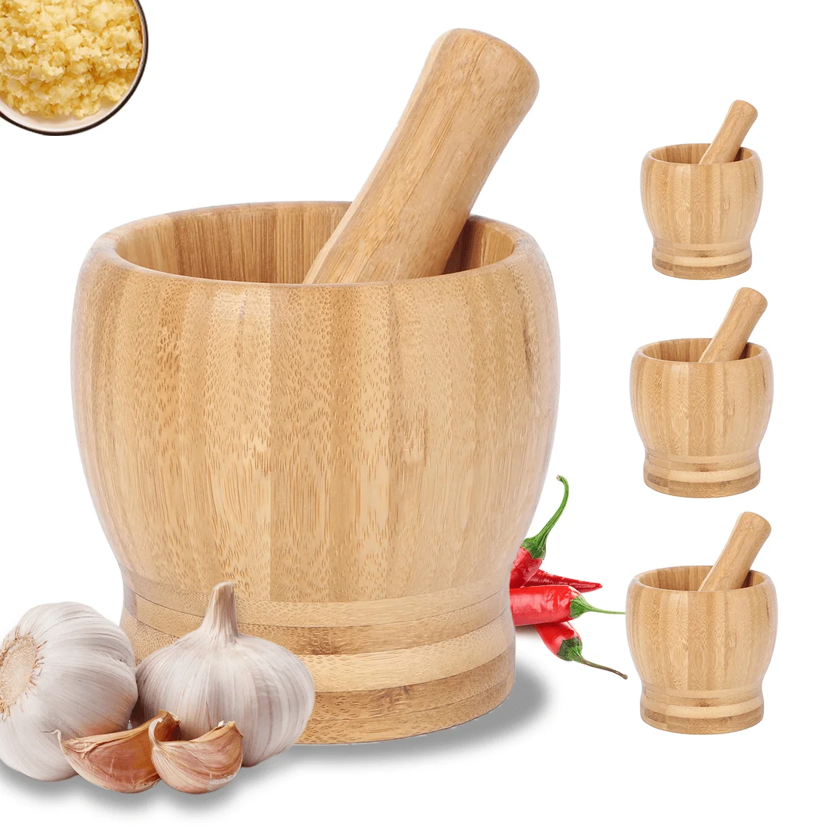 Bamboo Mortar and Pestle Set - Garlic Grinder and Herb Masher for Seasoning and Spice Crushing