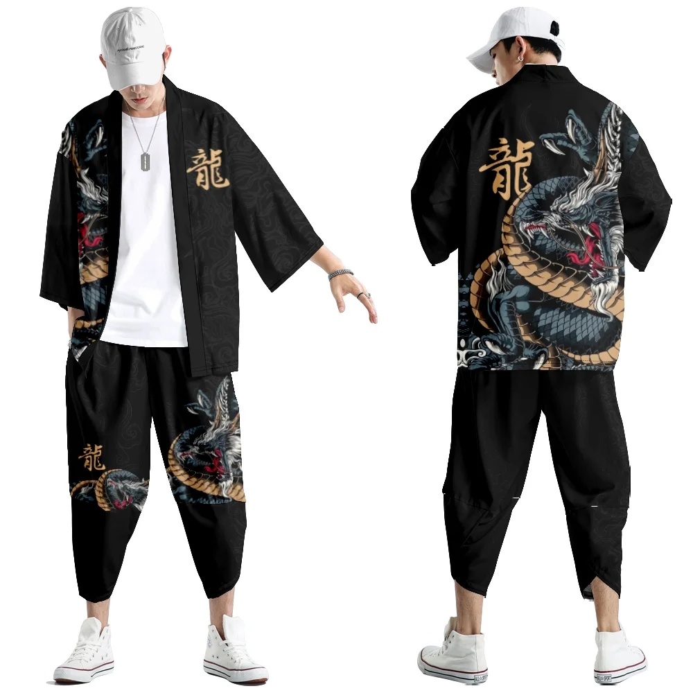 Two-piece Suit Oversize S-6XL Loose Japanese Cardigan Women Men Cosplay Yukata Clothing Harajuku Samurai Kimono + Pants Sets japanese kimono japanese kimono cardigan japanese kimono shirt
