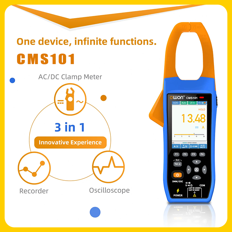 OWON CMS101 Three In One 1000A AC/DC Clamp Teter+Digital Oscilloscope Bluetooth Recorder Function NCV Multifunction Meter