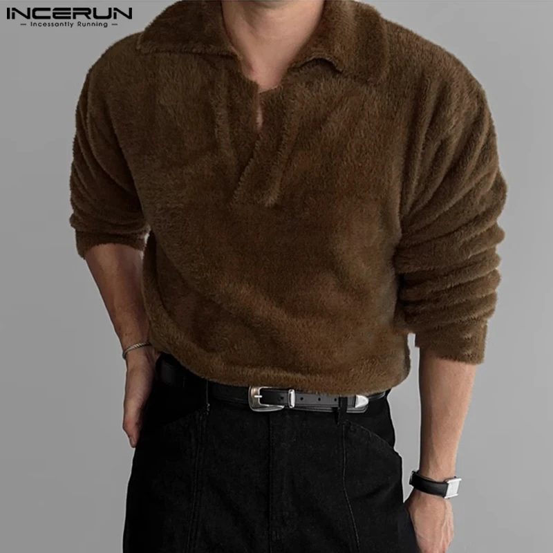 

Stylish Casual Style Tops INCERUN New Mens Plush Fabric Solid Lapel Pullovers Autumn Winter Hot Sale Long Sleeved Sweaters S-5XL