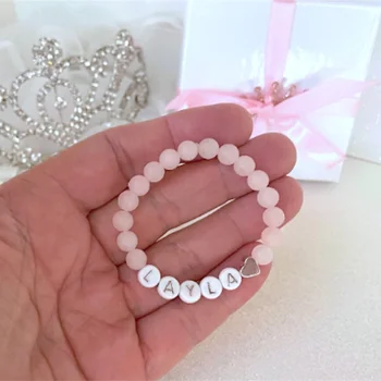 핑크 로즈 쿼츠 베이비 팔찌, 실버 하트, 맞춤형 유아 팔찌, 베이비 샤워 선물, 아기 발표