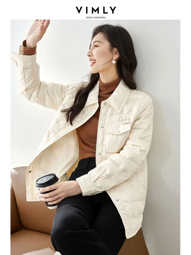Vimly Women's Winter Lightweight Down Jacket 2023 Warm Long Sleeve White Duck Down Coat Straight Mid-length Outerwears 50650