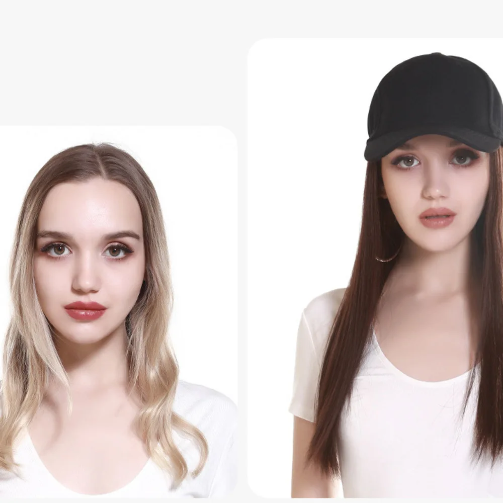 Perruque Synthétique Femme Une pièce Cheveux Longs Raides Fibre Chimique Baseball Perruque Chapeau Naturel Tête Complète Ensemble_voghion.com